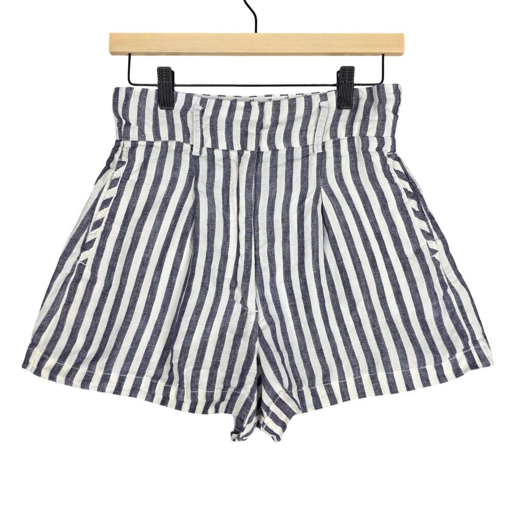 CYNTHIA ROWLEY LINEN STRIPED SHORTS – SIZE US 2 – BLUE/WHITE – MINIMALIST STYLE